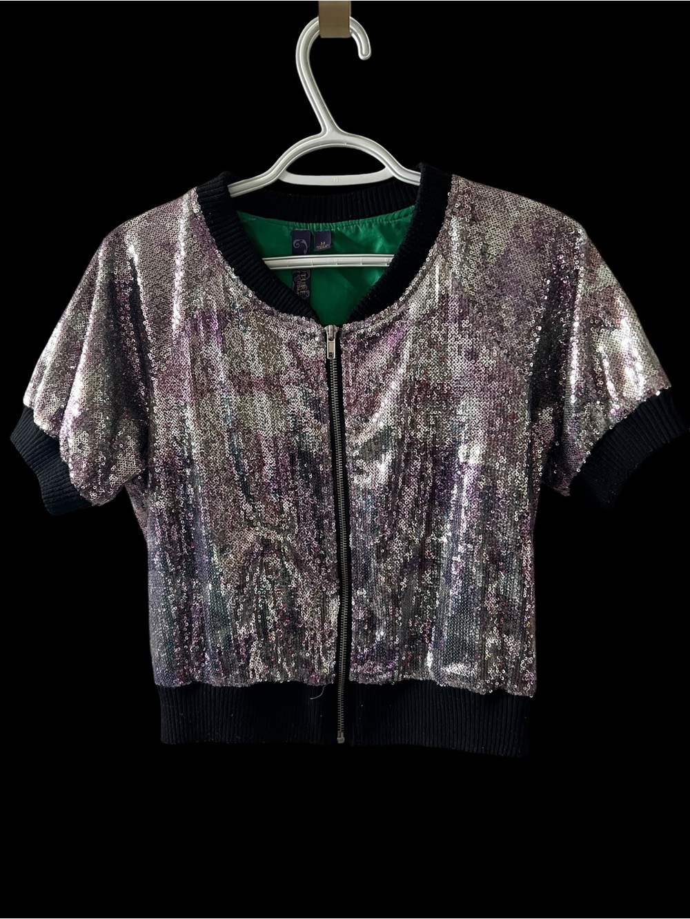 Rare Kouture By Kimora Sequin Zip Front Crop Jacket Silver & Green Satin Lining